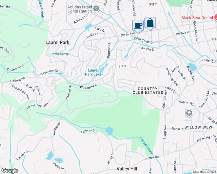 map of restaurants, bars, coffee shops, grocery stores, and more near 101 White Pine Drive in Laurel Park