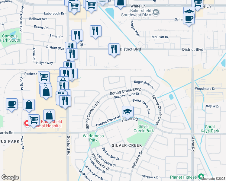 map of restaurants, bars, coffee shops, grocery stores, and more near 7511 Stone Breakers Avenue in Bakersfield