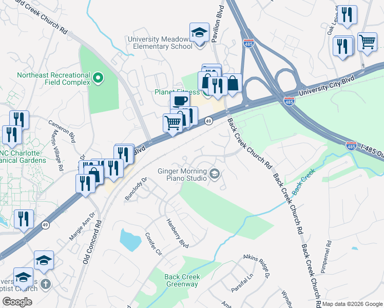 map of restaurants, bars, coffee shops, grocery stores, and more near 1826 Birch Heights Court in Charlotte