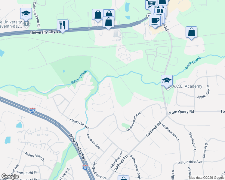 map of restaurants, bars, coffee shops, grocery stores, and more near 12018 Cheviott Hill Lane in Charlotte