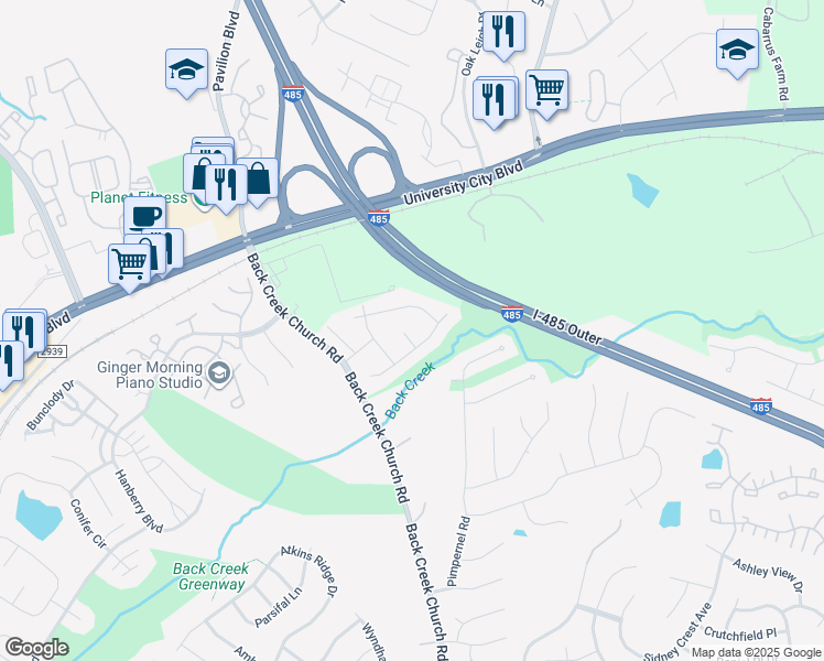 map of restaurants, bars, coffee shops, grocery stores, and more near 10619 Campion Court in Charlotte
