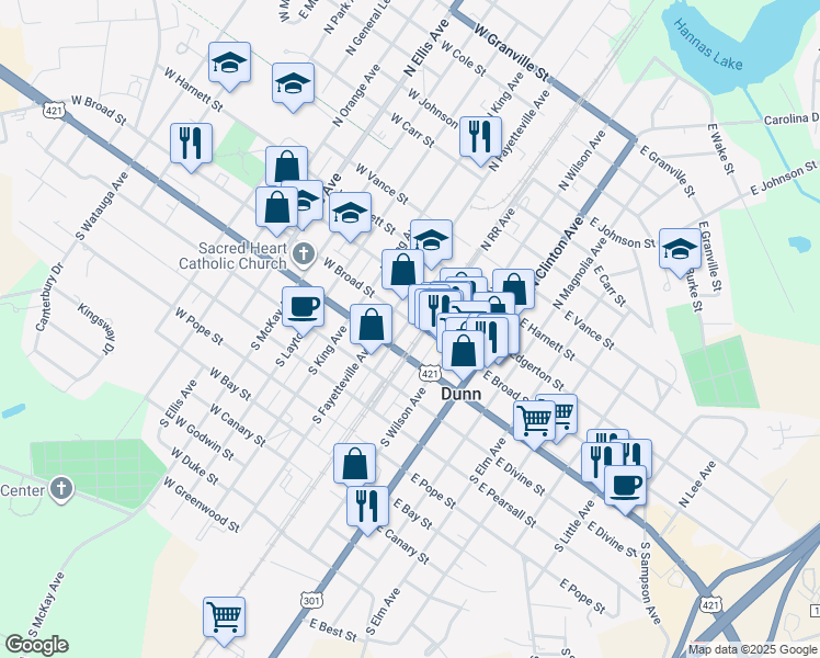 map of restaurants, bars, coffee shops, grocery stores, and more near 100 West Broad Street in Dunn