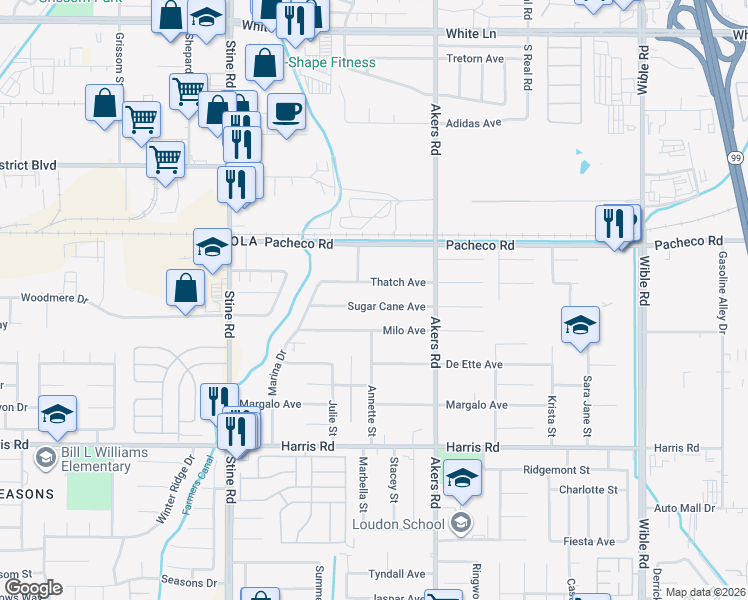 map of restaurants, bars, coffee shops, grocery stores, and more near 4328 Sugar Cane Avenue in Bakersfield