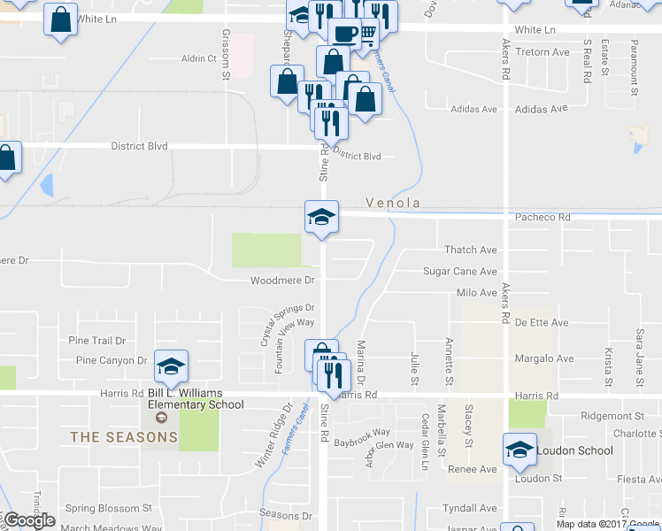map of restaurants, bars, coffee shops, grocery stores, and more near 4713 Lynhurst Court in Bakersfield