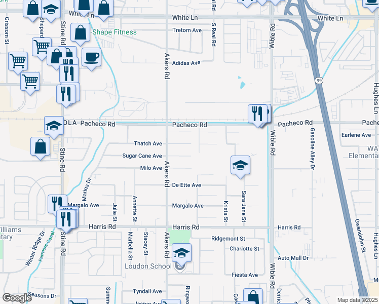 map of restaurants, bars, coffee shops, grocery stores, and more near 4004 Sugar Cane Avenue in Bakersfield