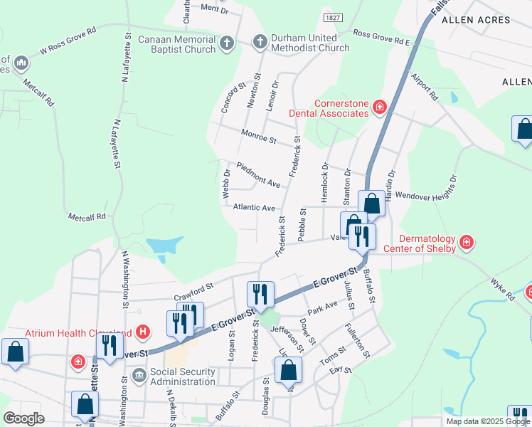 map of restaurants, bars, coffee shops, grocery stores, and more near 510 Atlantic Avenue in Shelby