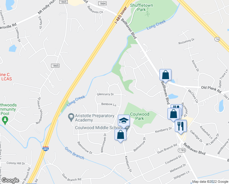 map of restaurants, bars, coffee shops, grocery stores, and more near 415 Glencurry Drive in Charlotte