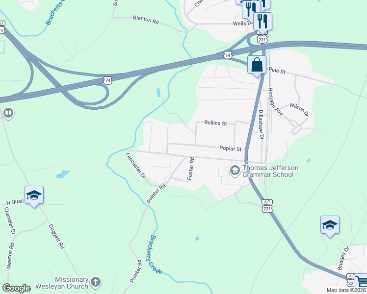map of restaurants, bars, coffee shops, grocery stores, and more near 259 Poplar Street in Forest City