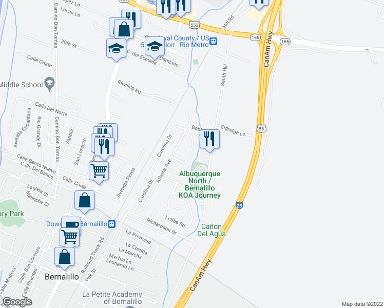 map of restaurants, bars, coffee shops, grocery stores, and more near 498 Michelle Circle in Bernalillo