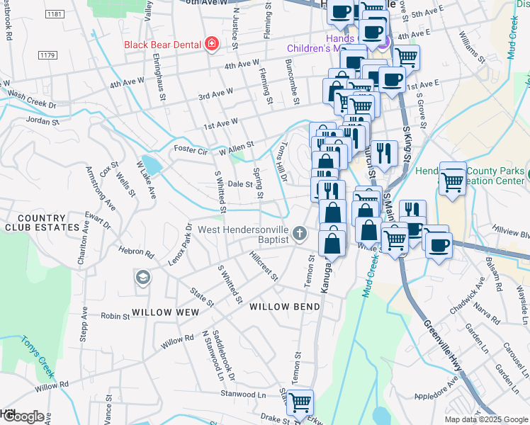 map of restaurants, bars, coffee shops, grocery stores, and more near 505 Spring Street in Hendersonville