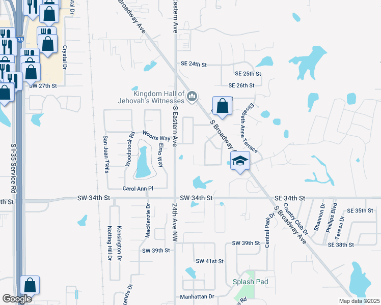 map of restaurants, bars, coffee shops, grocery stores, and more near 3100 South Eastern Avenue in Moore