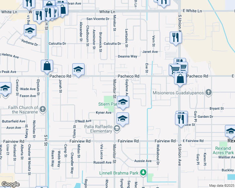 map of restaurants, bars, coffee shops, grocery stores, and more near 5103 Yellow Rose Court in Bakersfield