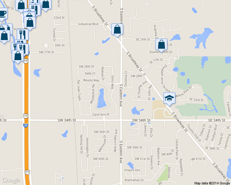 map of restaurants, bars, coffee shops, grocery stores, and more near 508 Southwest 30th Circle in Moore