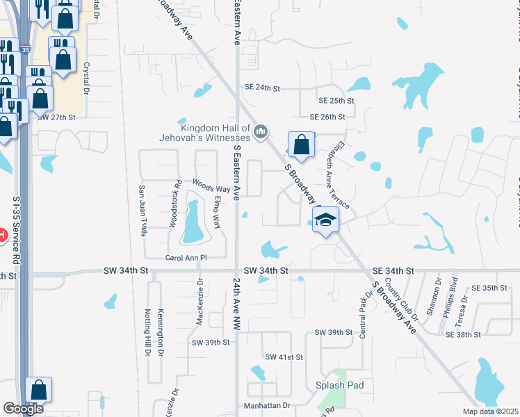 map of restaurants, bars, coffee shops, grocery stores, and more near 3101 Twin Circle Street in Moore