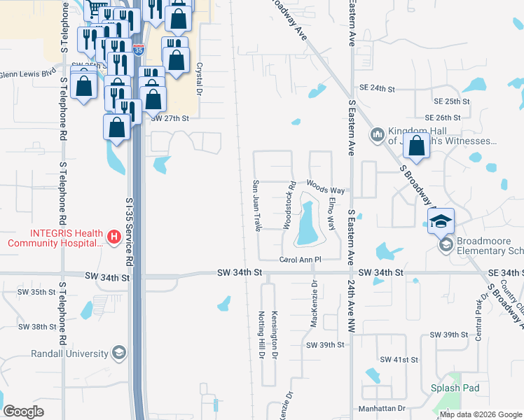 map of restaurants, bars, coffee shops, grocery stores, and more near 3204 San Juan Trails in Moore