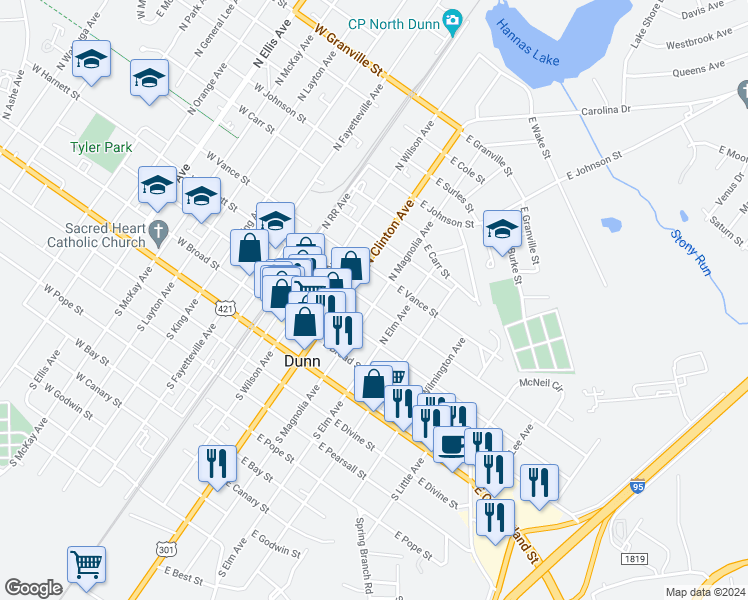 map of restaurants, bars, coffee shops, grocery stores, and more near 311 East Harnett Street in Dunn