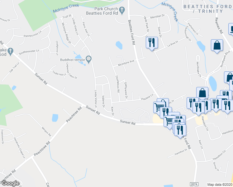 map of restaurants, bars, coffee shops, grocery stores, and more near 5521 Thompson Road in Charlotte