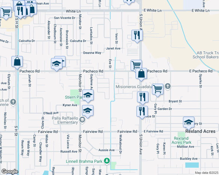 map of restaurants, bars, coffee shops, grocery stores, and more near El Pueblo Road in Bakersfield