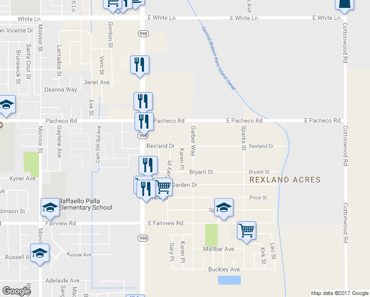 map of restaurants, bars, coffee shops, grocery stores, and more near 2700 Karen Place in Bakersfield