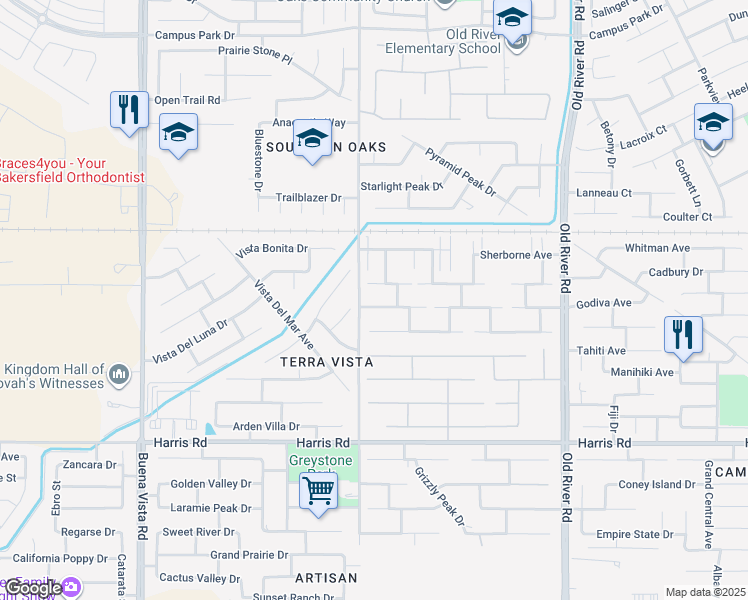 map of restaurants, bars, coffee shops, grocery stores, and more near 10408 Lerwick Avenue in Bakersfield