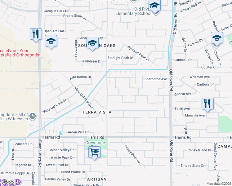 map of restaurants, bars, coffee shops, grocery stores, and more near 10320 Lerwick Avenue in Bakersfield