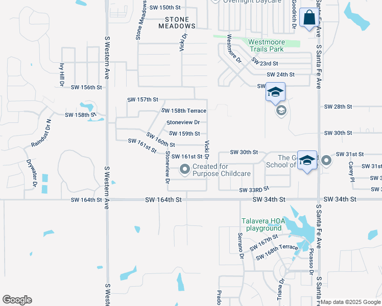 map of restaurants, bars, coffee shops, grocery stores, and more near 517 Southwest 161st Street in Oklahoma City