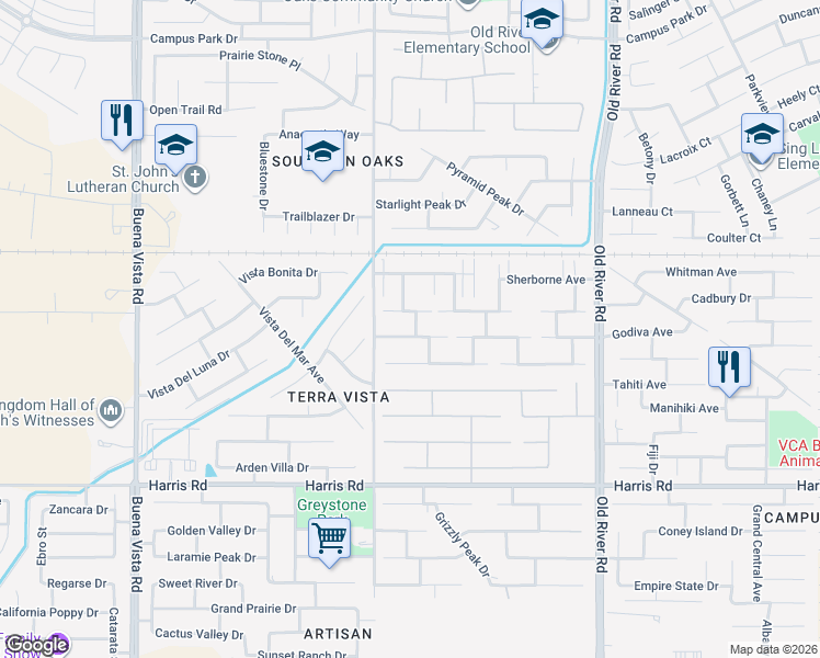 map of restaurants, bars, coffee shops, grocery stores, and more near 10408 Lerwick Avenue in Bakersfield