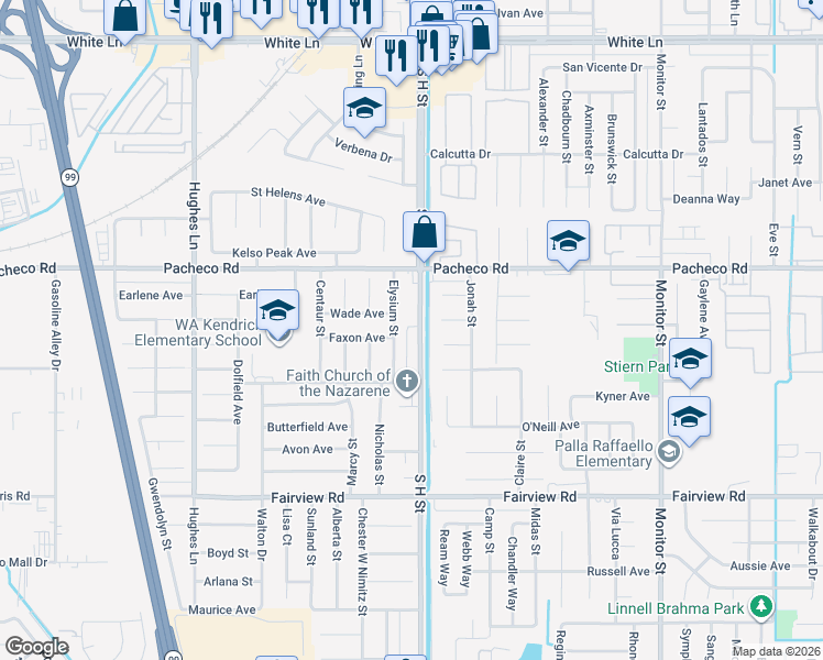 map of restaurants, bars, coffee shops, grocery stores, and more near 5008 Elysium Street in Bakersfield