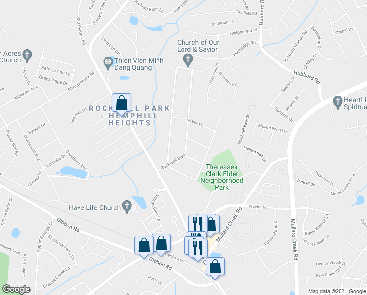 map of restaurants, bars, coffee shops, grocery stores, and more near 6317 Rockwell Boulevard in Charlotte