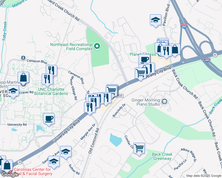 map of restaurants, bars, coffee shops, grocery stores, and more near 9719 University City Boulevard in Charlotte