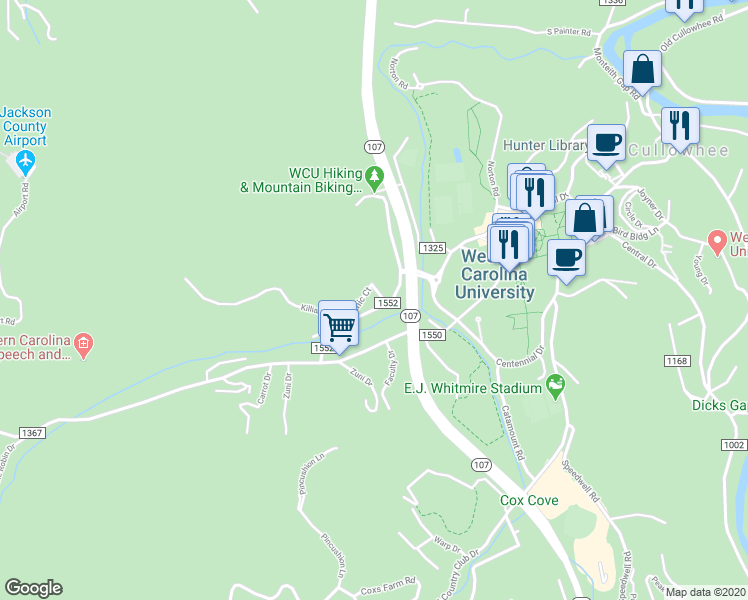 map of restaurants, bars, coffee shops, grocery stores, and more near 120 Blackhawk Road in Cullowhee