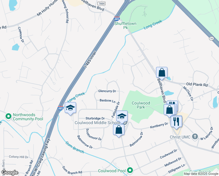 map of restaurants, bars, coffee shops, grocery stores, and more near 415 Glencurry Drive in Charlotte