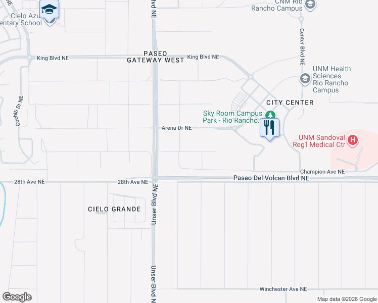 map of restaurants, bars, coffee shops, grocery stores, and more near Venue Avenue Northeast in Rio Rancho