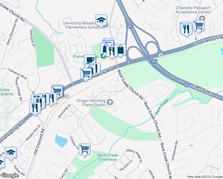 map of restaurants, bars, coffee shops, grocery stores, and more near 10158 Forest Landing Drive in Charlotte