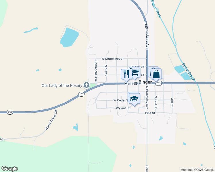 map of restaurants, bars, coffee shops, grocery stores, and more near 426 North Main in Binger