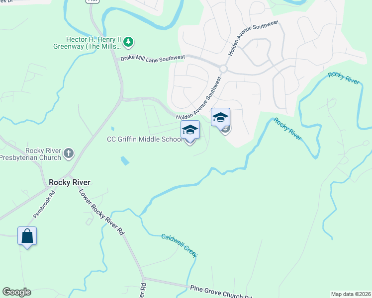 map of restaurants, bars, coffee shops, grocery stores, and more near 7650 Griffins Gate Road Southwest in Concord