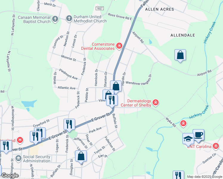 map of restaurants, bars, coffee shops, grocery stores, and more near 1019 Fallston Road in Shelby