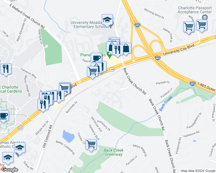 map of restaurants, bars, coffee shops, grocery stores, and more near 1826 Birch Heights Court in Charlotte