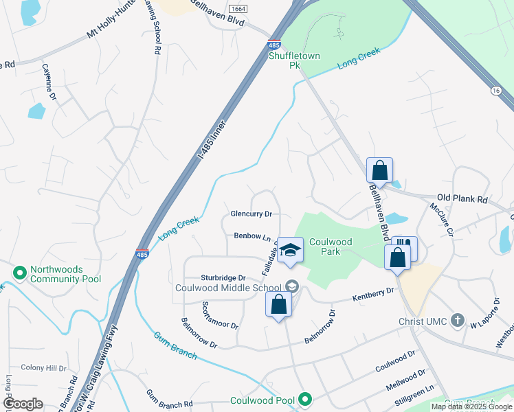map of restaurants, bars, coffee shops, grocery stores, and more near 415 Glencurry Drive in Charlotte