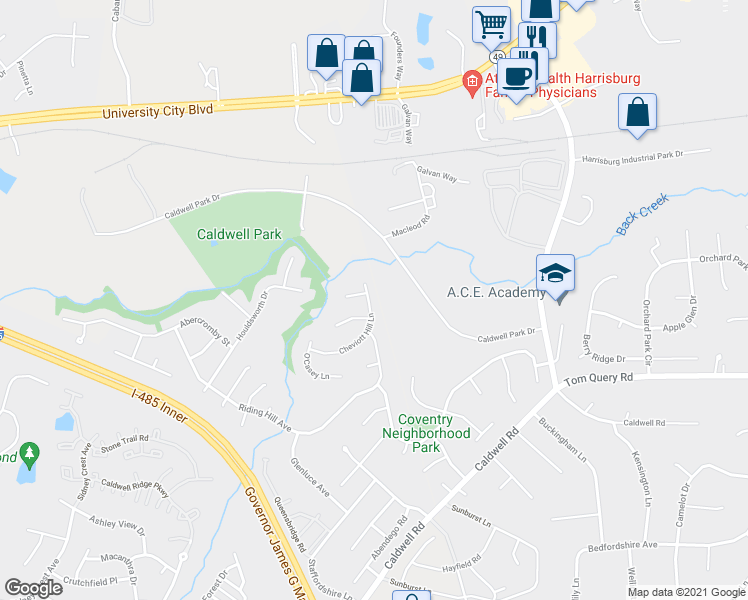 map of restaurants, bars, coffee shops, grocery stores, and more near 12018 Cheviott Hill Lane in Charlotte