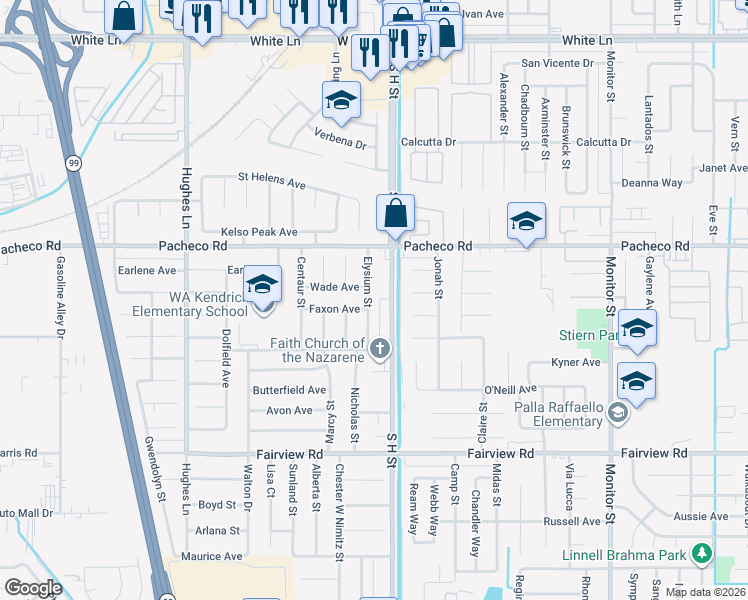 map of restaurants, bars, coffee shops, grocery stores, and more near 5008 Elysium Street in Bakersfield