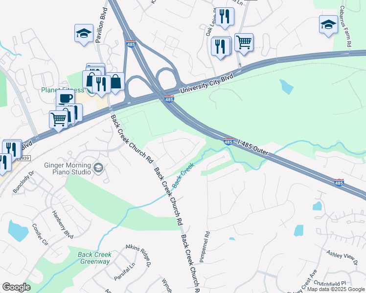map of restaurants, bars, coffee shops, grocery stores, and more near 10619 Campion Court in Charlotte