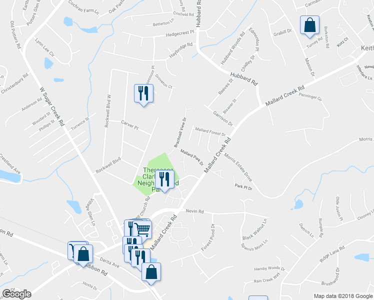 map of restaurants, bars, coffee shops, grocery stores, and more near 6523 Mallard Park Drive in Charlotte