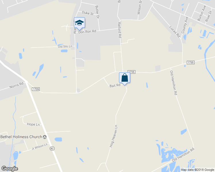 map of restaurants, bars, coffee shops, grocery stores, and more near 74 Bait Road in Dunn