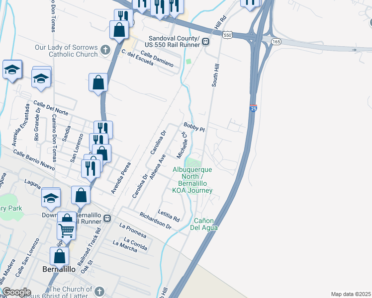 map of restaurants, bars, coffee shops, grocery stores, and more near 498 Michelle Circle in Bernalillo