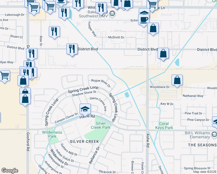 map of restaurants, bars, coffee shops, grocery stores, and more near 5110 Hummingbird Court in Bakersfield