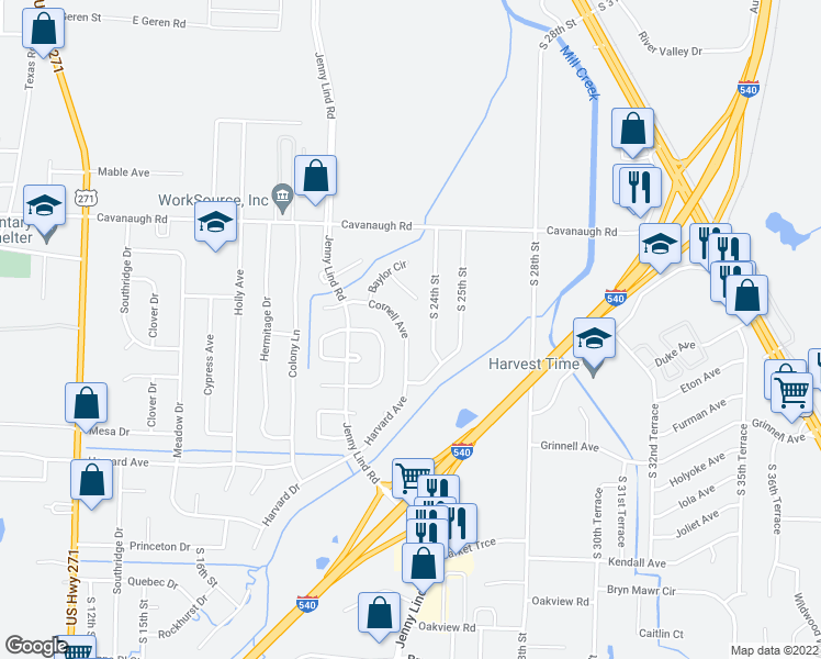 map of restaurants, bars, coffee shops, grocery stores, and more near 221 Cornell Avenue in Fort Smith