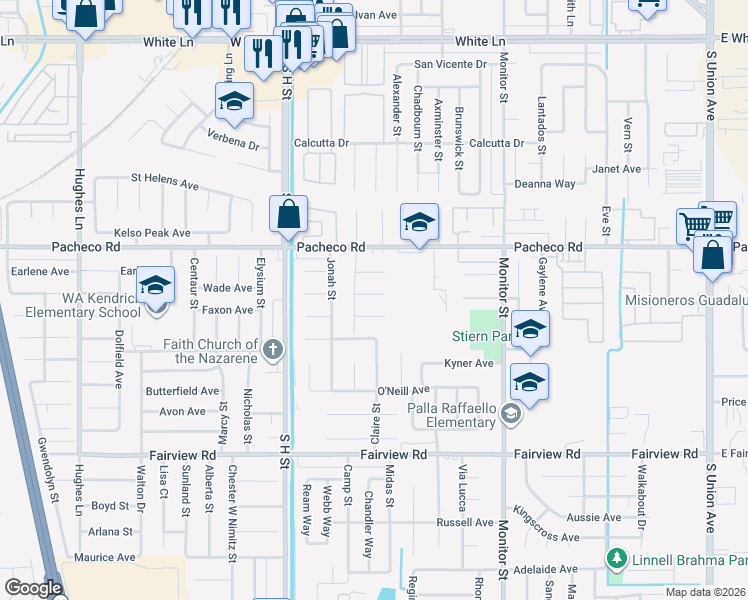 map of restaurants, bars, coffee shops, grocery stores, and more near 1313 Malerbi Court in Bakersfield