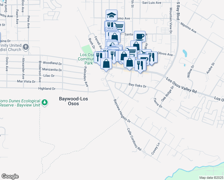map of restaurants, bars, coffee shops, grocery stores, and more near 2316 Bayview Heights Drive in Baywood-Los Osos