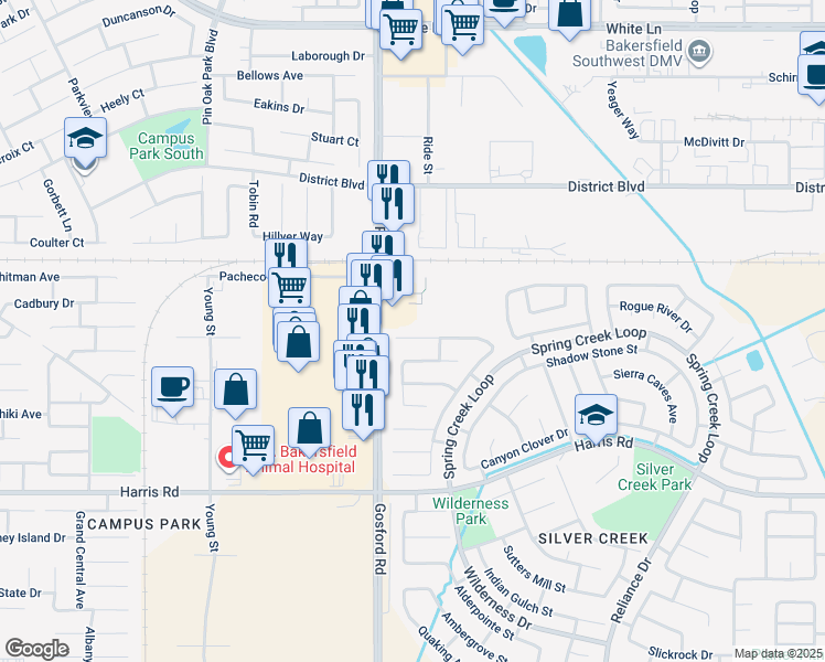 map of restaurants, bars, coffee shops, grocery stores, and more near 8000 River Mist Avenue in Bakersfield